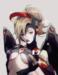 Rule 34 | 1girl, alternate costume, alternate eye color, arched back, blonde hair, bodysuit, breasts, breasts apart, center opening, commentary request, eyeliner, ez 1011, grey background, halo, headgear, high ponytail, highres, lips, long sleeves, looking at viewer, makeup, mechanical halo, mechanical wings, medium breasts, mercy (overwatch), nose, overwatch, overwatch 1, parted lips, ponytail, red lips, short hair, simple background, solo, sparkle, spread wings, turtleneck, upper body, wings