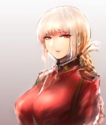 Rule 34 | 1girl, blonde hair, braid, breasts, epaulettes, fate/grand order, fate (series), florence nightingale (fate), gradient background, high collar, hometa, jacket, large breasts, long hair, looking at viewer, military, military uniform, parted lips, red eyes, red jacket, sidelocks, sketch, smile, solo, uniform, upper body