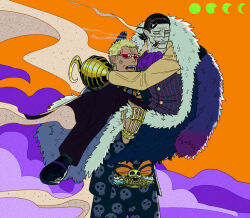 Rule 34 | 2boys, anger vein, ascot, black hair, carrying, cigar, couple, crocodile (one piece), donquixote doflamingo, feet out of frame, geokinesis, hair slicked back, hook hand, looking ahead, male focus, mature male, mg cls, multiple boys, official alternate costume, one piece, pants, pointy ears, princess carry, scar, scar on face, scar on nose, short hair, smoking, standing, stitches, vampire costume, yaoi