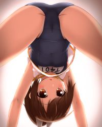Rule 34 | 10s, 1girl, ass, brown eyes, brown hair, cameltoe, faubynet, highres, i-401 (kancolle), kantai collection, md5 mismatch, one-piece swimsuit, personification, school swimsuit, solo, spread legs, swimsuit, upside-down