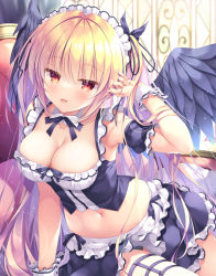 Rule 34 | 1girl, arm up, armpits, bare shoulders, black shirt, black skirt, black wings, blonde hair, bow, bowtie, breasts, cleavage, crop top, detached collar, detached sleeves, feathered wings, frilled skirt, frills, long hair, looking at viewer, maid, maid headdress, medium breasts, midriff, miniskirt, naughty face, navel, open mouth, original, red eyes, revealing clothes, shirt, skirt, smile, solo, stomach, takano yuki (allegro mistic), two side up, very long hair, wings, wrist cuffs