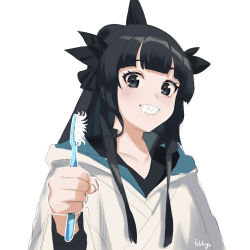Rule 34 | artemis of the blue, atelier live, black hair, fikkyun, highres, holding, indie virtual youtuber, looking at viewer, ponytail, shark fin, sharp teeth, solo, suteinua, teeth, toothbrush, virtual youtuber, white background
