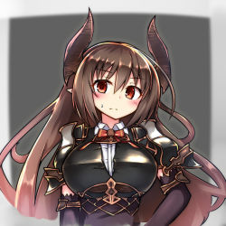 10s 1girl armor blush breasts brown_hair closed_mouth female_focus forte_(shingeki_no_bahamut) gauntlets granblue_fantasy hand_on_own_hip highres horns large_breasts long_hair looking_at_viewer pauldrons red_eyes serious shadowverse shingeki_no_bahamut shoulder_armor sidelocks solo sweatdrop tylwing upper_body weapon