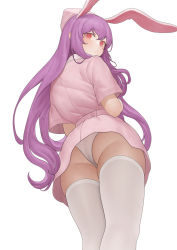 Rule 34 | 1girl, alternate costume, animal ears, ass, blush, closed mouth, commentary request, dress, feet out of frame, from behind, from below, hat, highres, long hair, looking at viewer, looking back, looking down, ni (221), nurse, nurse cap, panties, pink dress, purple hair, rabbit ears, red eyes, reisen udongein inaba, short sleeves, simple background, solo, standing, thighhighs, touhou, underwear, upskirt, very long hair, white background, white panties, white thighhighs