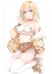 Rule 34 | 1girl, absurdres, animal print, blonde hair, blue eyes, blush, breasts, bubba (watson amelia), choker, cleavage, clenched hand, hair ornament, hand up, highres, hololive, hololive english, jacket, kneeling, legs folded, looking at viewer, medium breasts, midriff, navel, off shoulder, open clothes, open jacket, open mouth, shoes, short hair, short shorts, shorts, simple background, smile, solo, tank top, thighhighs, thighs, virtual youtuber, watson amelia, white background, white thighhighs, yukineko1018