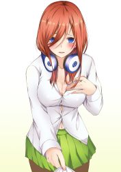 Rule 34 | artist request, blue eyes, blush, breasts, brown hair, button gap, citron 0225, cleavage, collared shirt, dress shirt, go-toubun no hanayome, green skirt, hair between eyes, hand on own chest, headphones, headphones around neck, highres, large breasts, long hair, long sleeves, nakano miku, navel, open mouth, pantyhose, pleated skirt, shirt, shirt tug, skirt, solo, white shirt