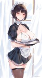 Rule 34 | 1girl, apron, bikini, black gloves, black skirt, blunt bangs, blush, breast rest, breasts, breasts on tray, brown eyes, brown hair, brown thighhighs, carried breast rest, carrying, cleavage, collarbone, curtains, gloves, highres, large breasts, looking at viewer, maid, maid headdress, miniskirt, original, puffy short sleeves, puffy sleeves, short hair, short sleeves, skirt, solo, swimsuit, thighhighs, thighs, tinnies, tray, white bikini, window