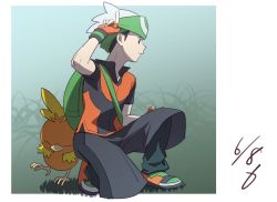 Rule 34 | 1boy, arm up, backpack, bag, beanie, black eyes, black hair, brendan (pokemon), closed mouth, commentary, creatures (company), dated, fingerless gloves, game freak, gen 3 pokemon, gloves, grass, green bag, hat, looking down, male focus, nintendo, on one knee, orange gloves, pants, pants under shorts, pokemon, pokemon (creature), pokemon emerald, pokemon rse, shoes, short hair, short sleeves, shorts, symbol-only commentary, three guo, torchic, white headwear