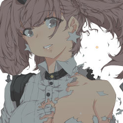 Rule 34 | 1girl, absurdres, atlanta (kancolle), breasts, brown hair, collarbone, collared shirt, dress shirt, earrings, grey eyes, highres, jewelry, kantai collection, large breasts, long hair, shirt, solo, star (symbol), star earrings, torn clothes, torn shirt, two side up, upper body, white shirt, zuoteng lucha