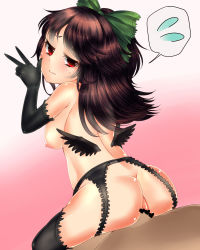 Rule 34 | 1boy, 1girl, ass, bad id, bad pixiv id, bird wings, bow, breasts, brown hair, censored, doyouwantto, elbow gloves, erection, garter belt, garter straps, gloves, gradient background, hair bow, heart, heart censor, hetero, lace, lace-trimmed gloves, lace-trimmed legwear, lace trim, large breasts, long hair, looking at viewer, looking back, nipples, nude, penis, pussy, red eyes, reiuji utsuho, reverse cowgirl position, sex, sex from behind, shiny skin, solo focus, straddling, thighhighs, touhou, v, vaginal, wings
