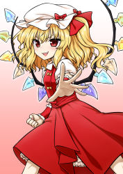 Rule 34 | 1girl, :d, blonde hair, clenched hand, commentary request, fangs, flandre scarlet, gradient background, hat, highres, itou yuuji, legs apart, looking at viewer, medium hair, mob cap, open mouth, outstretched arm, pink background, puffy short sleeves, puffy sleeves, red eyes, red skirt, short sleeves, side ponytail, simple background, skirt, skirt set, slit pupils, smile, solo, teeth, touhou, v-shaped eyebrows, wings, wrist cuffs
