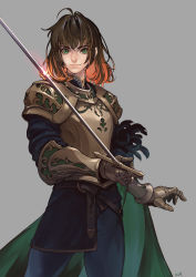 Rule 34 | 1girl, armor, belt, breastplate, brown hair, cape, closed mouth, feathers, gauntlets, green cape, green eyes, grey background, highres, holding, holding sword, holding weapon, knight, looking at viewer, medium hair, nishiki areku, original, pauldrons, plate armor, shoulder armor, signature, simple background, smile, solo, sword, vambraces, weapon