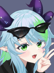 Rule 34 | 1girl, :d, absurdres, blue hair, apricot the lich, demon girl, demon horns, ear piercing, eyelashes, eyeliner, eyewear on head, fang, green eyes, green hair, grey background, hand up, highres, horn piercing, horns, light blush, long hair, looking at viewer, makeup, multicolored hair, multiple horns, open mouth, piercing, pointy ears, portrait, purple horns, ryoya, simple background, skin fang, smile, solo, streaked hair, sunglasses, swept bangs, tongue, two-tone hair, v, virtual youtuber, vshojo