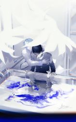 Rule 34 | 2boys, angel, angel wings, artist name, ascot, bathtub, black hair, blue gemstone, blue hair, blue theme, brooch, byuey, closed eyes, closed mouth, collared shirt, different reflection, dress shirt, faucet, gem, gloves, grey shirt, grey theme, highres, hug, indoors, intravenous drip, jacket, jewelry, light blue hair, limited palette, long sleeves, looking down, male focus, multiple boys, muted color, original, reflection, shirt, signature, spot color, suit jacket, through medium, through screen, water, white ascot, white gloves, white jacket, white wings, wings