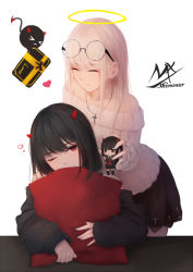 Rule 34 | &gt; &lt;, 2girls, angel and devil, artist name, bare shoulders, black hair, black skirt, black sweater, box, character doll, closed mouth, collarbone, commentary, cross, cross necklace, demon girl, demon horns, demon tail, doll, closed eyes, eyewear on head, gift, gift box, glasses, halo, highres, holding, holding doll, holding gift, horns, jewelry, latin cross, leaning forward, light brown hair, long hair, multiple girls, necklace, hugging object, off-shoulder, off-shoulder sweater, off shoulder, one eye closed, original, pillow, pillow hug, red eyes, ribbed sweater, round eyewear, shimmer, simple background, skirt, smile, sweater, symbol-only commentary, tail, white background, white sweater
