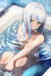 Rule 34 | 1girl, absurdres, bathing, bathtub, blue eyes, blue hair, blush, completely nude, duplicate, feet out of frame, from above, gawr gura, highres, hololive, hololive english, knees up, long hair, looking at viewer, multicolored hair, nude, parted lips, partially submerged, pero (peroneko0510), solo, streaked hair, tail, tile wall, tiles, virtual youtuber, water, wet, white hair