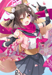 Rule 34 | 1girl, absurdres, animal ear fluff, animal ears, black sailor collar, blue archive, blush, brown hair, commentary request, eyeshadow, fang, fingernails, floral print kimono, fox ears, fox girl, fox mask, fox shadow puppet, fox tail, gloves, hadanugi dousa, hair ornament, halo, highres, holster, izuna (blue archive), japanese clothes, kimono, looking at viewer, makeup, mask, nail polish, neckerchief, one side up, open kimono, open mouth, partially fingerless gloves, petals, pink halo, pink kimono, pink neckerchief, pink petals, pink scarf, pom pom (clothes), pom pom hair ornament, red eyeshadow, rope, sailor collar, scarf, shimenawa, shimofuri, shirt, short hair, single bare shoulder, skin fang, sleeveless, sleeveless shirt, smile, solo, tail, thigh holster, white shirt, yellow eyes, yellow nails