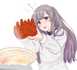 Rule 34 | 1girl, blush, bowl, commentary request, crab, food, grey hair, holding, idolmaster, idolmaster shiny colors, long hair, long sleeves, looking at viewer, open mouth, purple eyes, rocha (aloha ro cha), simple background, smile, solo, translation request, upper body, white background, yukoku kiriko