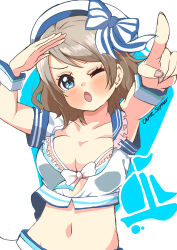 Rule 34 | 1girl, absurdres, armpits, arms up, blue eyes, blush, breasts, brown hair, carrot summer, collarbone, hair ornament, hat, highres, love live!, love live! sunshine!!, midriff, ribbon, salute, simple background, stomach, watanabe you, wavy hair