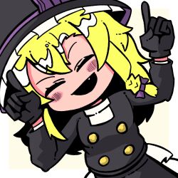 Rule 34 | 1girl, black gloves, black hat, black jacket, blonde hair, blush, bow, braid, buttons, closed eyes, commentary, cowboy shot, fang, gloves, hair between eyes, hair bow, hat, hat bow, highres, index finger raised, jacket, kirisame marisa, long hair, long sleeves, medium bangs, open mouth, purple bow, side braid, simple background, single braid, smile, solo, symbol-only commentary, sznkrs, touhou, two-tone background, white background, witch hat, yellow background