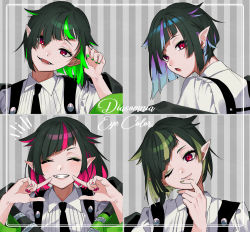 Rule 34 | 1boy, alternate hair color, black hair, blouse, blue hair, collared shirt, fangs, gradient hair, green hair, green nails, head tilt, highres, lilia vanrouge, looking at viewer, male focus, multicolored hair, nail polish, night raven college uniform, one eye closed, open mouth, pink hair, pink nails, pointy ears, red eyes, shinonome2nd, shirt, short hair, smile, solo, streaked hair, twisted wonderland, two-tone hair, white shirt