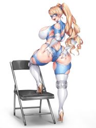 Rule 34 | absurdres, ass, ass grab, back, backboob, blonde hair, blue eyes, breasts, chair, highres, huge ass, huge breasts, looking at viewer, mature female, naidong (artist), rainbow mika, street fighter, thick thighs, thigh gap, thighs, twintails, wrestling mask, wrestling outfit