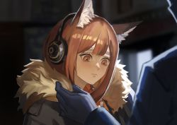 Rule 34 | 1girl, 1other, absurdres, animal ear fluff, arknights, black gloves, blurry, blurry background, blush, brown eyes, brown hair, closed mouth, depth of field, doctor (arknights), fur collar, gloves, hasegawamorito, headphones, highres, huris (arknights), implied extra ears, indoors, jewelry, long hair, long sleeves, looking down, necklace, ratatos browntail (arknights), solo focus, tearing up, tears, upper body