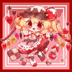 Rule 34 | 1girl, ascot, blonde hair, chibi, cookie, cowboy shot, crystal wings, dress, flandre scarlet, food, frills, hat, inukkomaru, mob cap, open mouth, red dress, red eyes, red ribbon, ribbon, side ponytail, solo, touhou, valentine, yellow ascot