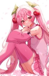 Rule 34 | 1girl, blush, cherry hair ornament, collared shirt, crossed arms, detached sleeves, food-themed hair ornament, from side, gazelle-barn, grin, hair ornament, hatsune miku, highres, knees up, long hair, long sleeves, looking at viewer, nail polish, necktie, petals, pink eyes, pink hair, pleated skirt, sakura miku, shirt, sitting, skirt, sleeveless, sleeveless shirt, smile, solo, twintails, very long hair, vocaloid