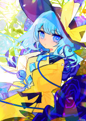 Rule 34 | 1girl, artist name, black hat, blue eyes, blue flower, blue hair, blue rose, bow, bright pupils, commentary, floral background, flower, hat, hat bow, heart, heart of string, hinasumire, komeiji koishi, looking at viewer, medium hair, rose, shirt, solo, third eye, touhou, upper body, white pupils, yellow bow, yellow shirt