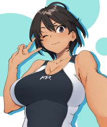 Rule 34 | 1girl, absurdres, aqua background, bad id, bad pixiv id, black hair, black one-piece swimsuit, breasts, brown eyes, cleavage, closed mouth, commentary, competition swimsuit, dark-skinned female, dark skin, foreshortening, highres, kr ohoshisama, large breasts, lips, looking at viewer, one-piece swimsuit, one eye closed, original, outstretched arm, selfie, short hair, simple background, smile, solo, sweat, swimsuit, two-tone background, two-tone swimsuit, upper body, v, white background, white one-piece swimsuit
