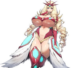 Rule 34 | 1girl, blonde hair, blue eyes, blunt bangs, breasts, bridal gauntlets, character request, curvy, drill hair, geppera-sama, getter robo, getter robo (1st series), huge breasts, impossible clothes, long hair, navel, robot girls z, solo, standing, thick thighs, thighs, thirty 8ght, underboob, very long hair, wide hips