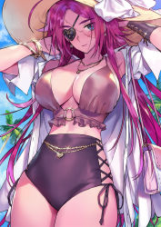 Rule 34 | 1girl, bag, bare shoulders, belly chain, blue eyes, blush, bracelet, breasts, cleavage, collarbone, collared shirt, cross-laced clothes, detached sleeves, dress shirt, earrings, eyepatch, fate/extra, fate (series), francis drake (fate), hat, highres, jewelry, large breasts, long hair, long sleeves, looking at viewer, matsuda (matsukichi), necklace, open clothes, open shirt, parted bangs, pink hair, scar, scar on face, shirt, shoulder bag, single detached sleeve, smile, solo, sun hat, thighs, white shirt