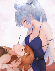 Rule 34 | 2girls, absurdres, antenna hair, armband, asaikeu, bare shoulders, blue dress, blush, braid, breasts, brown eyes, cleavage, closed mouth, collarbone, dress, eye contact, food, granblue fantasy, highres, lap pillow, long hair, looking at another, medium breasts, mouth hold, multiple girls, orange hair, pocky, ponytail, silva (granblue fantasy), sleeveless, sleeveless dress, smile, tweyen (granblue fantasy), yellow eyes, yuri
