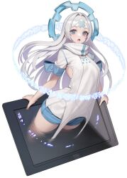 Rule 34 | 1girl, amazon kindle, arched back, blue eyes, blue shorts, cropped, grey hair, hair intakes, highres, long hair, looking at viewer, nyatabe, open mouth, original, portal (object), shirt, short sleeves, shorts, simple background, solo, white background