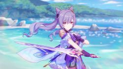 Rule 34 | 1girl, beach, blue sky, cloud, cloudy sky, company connection, crossover, double bun, dress, genshin impact, gloves, hair between eyes, hair bun, hair ornament, highres, holding, holding sword, holding weapon, honkai (series), honkai impact 3rd, keqing (genshin impact), long hair, looking at viewer, mihoyo, ocean, outdoors, purple dress, purple eyes, purple gloves, purple hair, sand, sky, solo, sword, third-party source, tree, twintails, weapon
