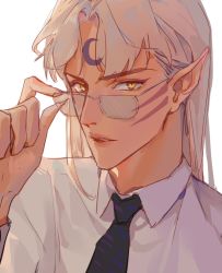 Rule 34 | 1boy, adjusting eyewear, black necktie, collared shirt, commentary request, hand up, inuyasha, long hair, looking over eyewear, male focus, mmmilk, necktie, parted lips, pointy ears, sesshoumaru, shirt, simple background, solo, upper body, white background, white hair, white shirt, yellow eyes