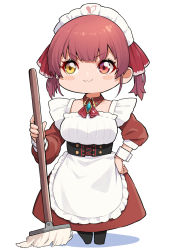 Rule 34 | 1girl, :3, alternate costume, apron, black pantyhose, blush, blush stickers, corset, detached collar, dress, enmaided, full body, hand on own hip, heterochromia, highres, holding, holding mop, hololive, houshou marine, long dress, long sleeves, maid, maid apron, maid headdress, medium hair, mikan (chipstar182), mop, pantyhose, red dress, red eyes, red hair, simple background, smile, solo, standing, twintails, v-shaped eyebrows, virtual youtuber, white apron, white background, yellow eyes