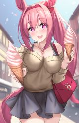 Rule 34 | 1girl, aged up, alternate costume, animal ears, bag, blurry, blurry background, breasts, casual, cleavage, collarbone, commentary request, food, handbag, haru urara (umamusume), headband, highres, horse ears, horse tail, ice cream, jewelry, kibihimi, looking at viewer, medium breasts, necklace, open mouth, pink hair, solo, tail, umamusume