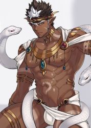 Rule 34 | 1boy, abs, alternate facial hair, arm tattoo, armlet, asutarou, bara, bare pectorals, beard, brown hair, bulge, collar, dark-skinned male, dark skin, facial hair, jewelry, loincloth, long sideburns, male focus, male underwear, mature male, multicolored hair, muscular, muscular male, navel, necklace, nipples, pectorals, revealing clothes, short hair, sideburns, snake, solo, spiked hair, stomach, stomach tattoo, stubble, tangaroa (housamo), tattoo, thick thighs, thighs, tokyo houkago summoners, tooth necklace, tribal tattoo, two-tone hair, underwear, white hair, white male underwear, white snake, yellow eyes