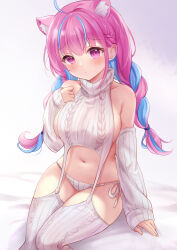 Rule 34 | 1girl, alternate costume, animal ear fluff, animal ears, bed sheet, blue hair, blush, braid, breasts, cat ears, closed mouth, commentary request, detached sleeves, hair between eyes, hand up, hat, hololive, large breasts, long hair, long sleeves, looking at viewer, low twintails, meme attire, minato aqua, multicolored hair, navel, nikoo, panties, pink hair, purple eyes, side-tie panties, sideboob, sitting, sleeves past wrists, solo, streaked hair, thighhighs, twin braids, twintails, two-tone hair, underwear, very long hair, virgin destroyer sweater, virtual youtuber, white background, white panties, white sleeves, white thighhighs