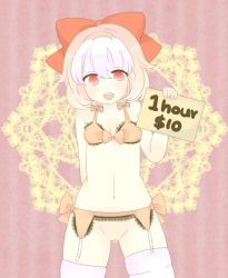 Rule 34 | 1girl, bow, bra, giggles (happy tree friends), happy tree friends, holding, holding sign, panties, pink eyes, pink hair, poorly drawn, prostitution, red bow, short hair, sign, solo, underwear, underwear only, yaminabe0