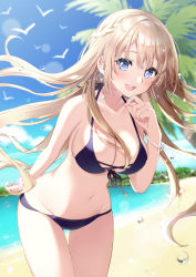 1girl, :d, bangs, bare arms, bare shoulders, beach, bikini, black bikini, blue eyes, blurry, blurry background, blush, bracelet, braid, breasts, cleavage, commentary request, day, depth of field, earrings, eyebrows visible through hair, floating hair, front-tie bikini, front-tie top, glint, groin, hair between eyes, highres, jewelry, large breasts, leaning forward, light brown hair, long hair, minamoto mamechichi, nail polish, navel, open mouth, original, outdoors, palm tree, pearl bracelet, pink nails, sand, smile, solo, swimsuit, tree, very long hair, water