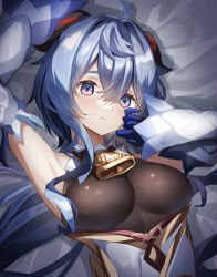 Rule 34 | 1girl, ahoge, armpits, arms up, bed sheet, bell, blue eyes, blue gloves, blue hair, blush, bodystocking, breasts, closed mouth, commentary request, detached sleeves, from above, ganyu (genshin impact), genshin impact, gloves, highres, horns, long sleeves, looking at viewer, low ponytail, lying, medium breasts, neck bell, on back, on bed, resolution mismatch, solo, source smaller, upper body, wata0933