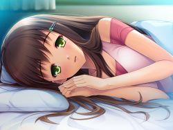 Rule 34 | 10s, 1girl, bed, bed sheet, blush, breasts, brown hair, cleavage, clenched hands, curtains, game cg, green eyes, hair ornament, hairclip, happy, indoors, kanou karen, kurosaki, long hair, looking at viewer, lying, mole, mole under eye, off shoulder, on bed, on side, own hands together, parted lips, pillow, pov across bed, smile, solo, tank top, uhou renka, under covers, upper body