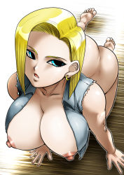 Rule 34 | 1girl, all fours, android 18, artist request, ass, barefoot, blonde hair, blue eyes, breasts, cleavage, dragon ball, dragonball z, earrings, huge breasts, jewelry, nipples, open clothes, open mouth, open shirt, shirt, short hair, solo
