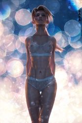 Rule 34 | 1girl, abs, absurdres, arms behind back, artist name, bra, breasts, brown hair, closed eyes, collarbone, eyelashes, eyeshadow, female focus, final fantasy, final fantasy vii, final fantasy vii remake, floating hair, highres, jessie rasberry, legs, light particles, long hair, makeup, navel, nipples, nostrils, panties, parted bangs, parted lips, pussy, realistic, see-through, shiny skin, skinny, small breasts, solo, son umbasa, square enix, stomach, teeth, thighs, toned, toned female, underwear