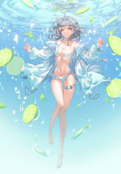Rule 34 | 1girl, absurdres, ahoge, arknights, barefoot, bikini, black eyes, black hair, breasts, bubble, cleavage, collarbone, food, fruit, full body, hands up, highres, innoarukugyou, jacket, la pluma (arknights), la pluma (summer flowers) (arknights), lime (fruit), lime slice, long sleeves, looking at viewer, medium breasts, narrow waist, official alternate costume, parted lips, see-through, see-through jacket, smile, solo, swimsuit, thigh gap, thigh strap, thighs, underwater, white bikini, white jacket