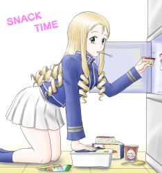 Rule 34 | 1girl, arm support, bc freedom military uniform, blonde hair, blue jacket, blue socks, blue vest, closed mouth, commentary, dress shirt, drill hair, english text, food, girls und panzer, green eyes, harukai-i, high collar, highres, holding, holding food, ice cream, jacket, kneeling, leaning forward, long hair, long sleeves, looking at viewer, marie (girls und panzer), military, military uniform, miniskirt, mouth hold, pleated skirt, shirt, skirt, smile, socks, solo, spoon, uniform, utensil in mouth, vest, white shirt, white skirt