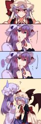 Rule 34 | 2girls, 4koma, ?, ^^^, absurdres, all fours, alternate costume, arrow (symbol), ascot, bat wings, black wings, bow, brooch, closed mouth, comic, commentary request, fingernails, fingersmile, hair between eyes, hair bow, hat, hat ribbon, highres, himadera, jewelry, juliet sleeves, long fingernails, long hair, long sleeves, mob cap, multiple girls, nail polish, patchouli knowledge, puffy sleeves, purple eyes, purple hair, purple hat, red ascot, red bow, red eyes, red nails, red ribbon, remilia scarlet, ribbon, sash, silent comic, smile, sweatdrop, touhou, wings